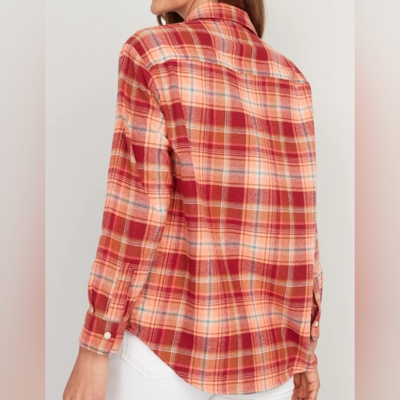 2 /$15 New Old Navy Plaid Flannel Boyfriend Shirt Sz M Orange Red NWT - Picture 2 of 12